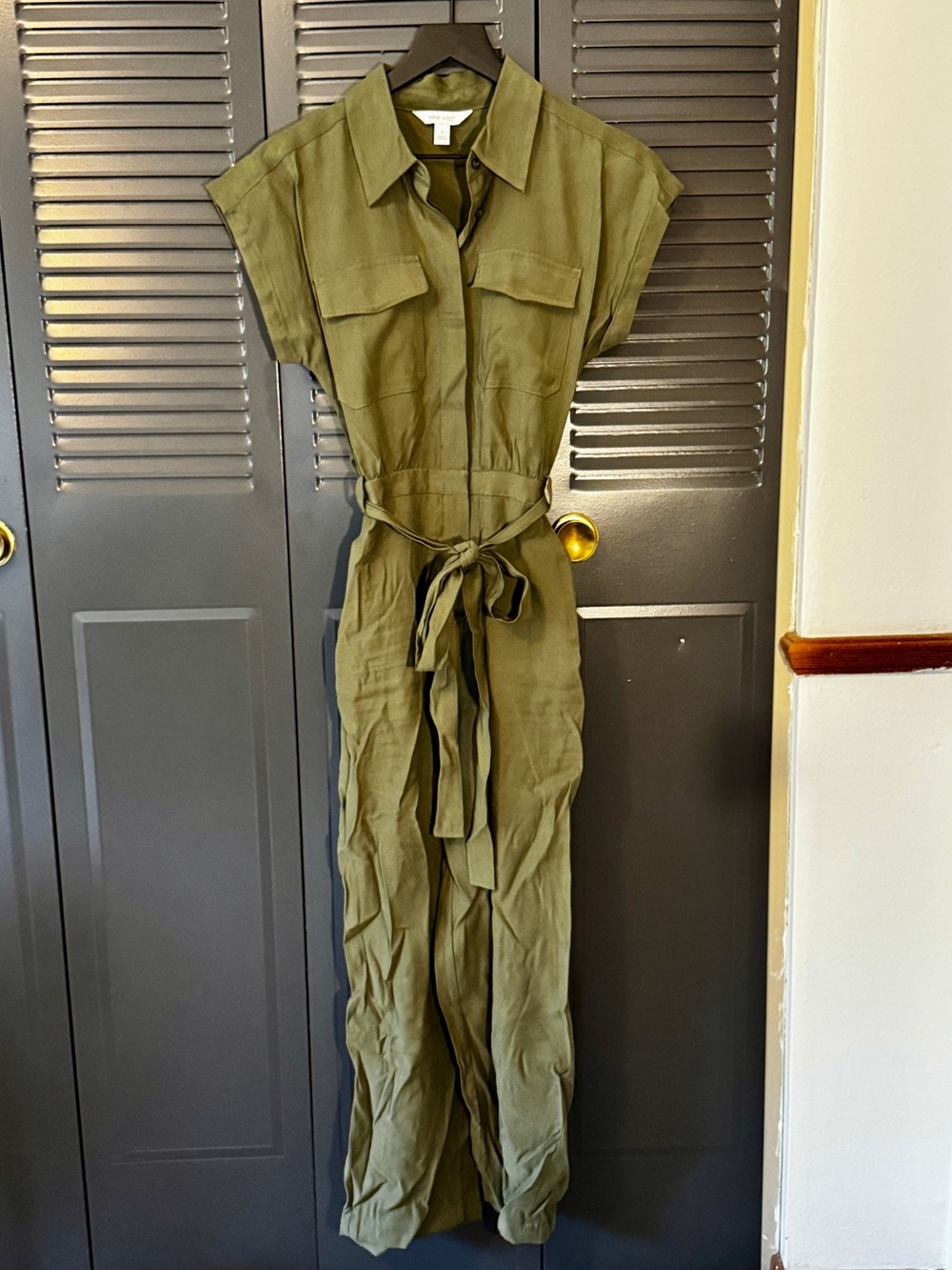 Nine West Olive Green Button-Front Wide-leg Jumpsuit
